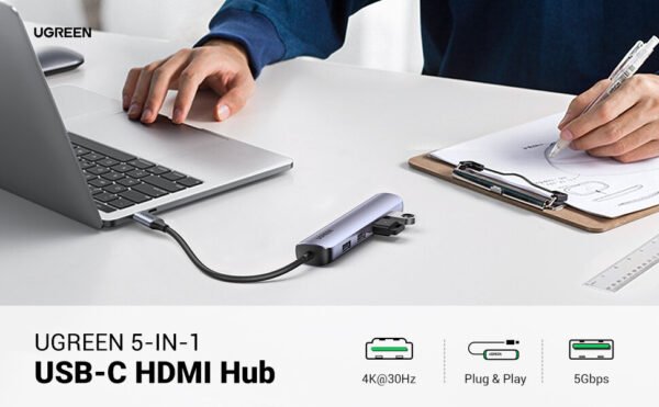 UGREEN 10919 USB C Hub 5 in 1 Dongle USB-C to HDMI+RJ45