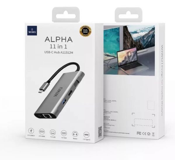 WIWU Alpha 11in1 A11312H USB C Docking Station With 3xUSB, 2xHDMI 3.5mm Audio VGA RJ45 Card Reader