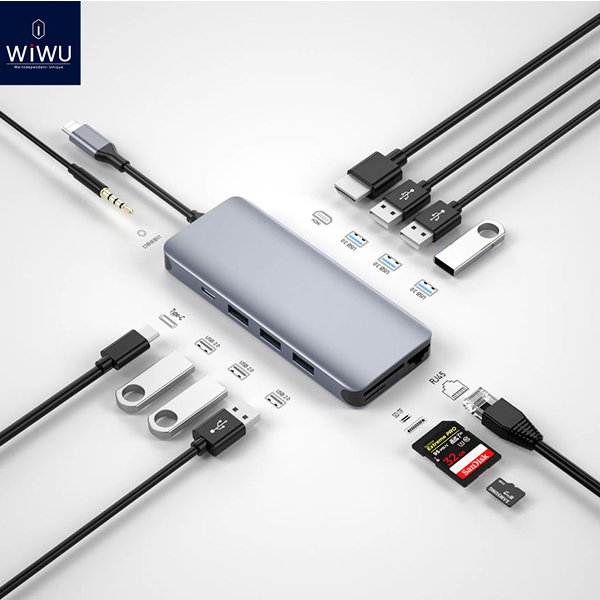 Wiwu Alpha Type C to 12 in 1,HDMI+Lan+Stereo+Type C+Sd+Micro Sd+ 3 Usb 3.0+ 3 Usb 2.0
