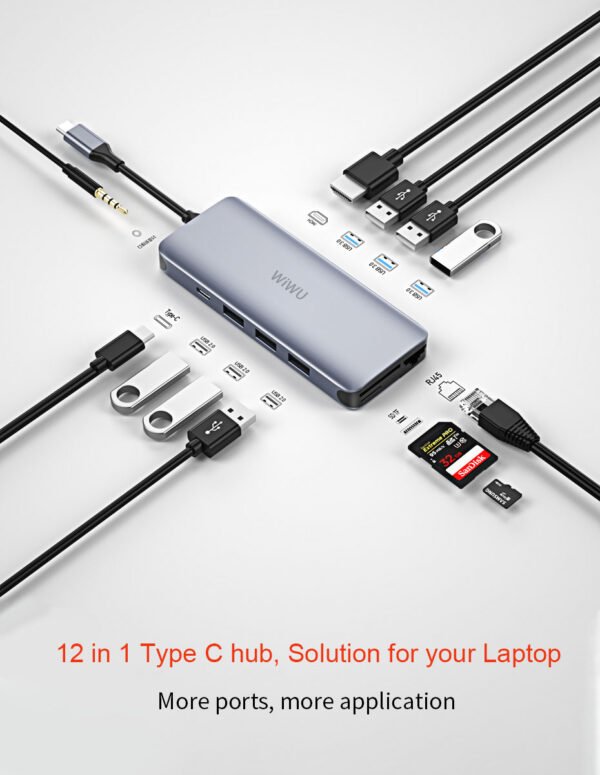 Wiwu Alpha Type C to 12 in 1,HDMI+Lan+Stereo+Type C+Sd+Micro Sd+ 3 Usb 3.0+ 3 Usb 2.0