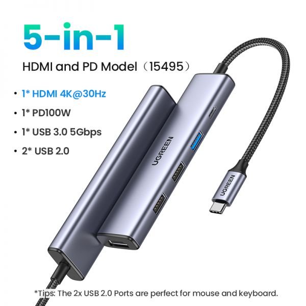 Ugreen 15495 Revodok 5-in-1 USB-C Hub with 4K HDMI, 100W PD, 3 USB-A Data Ports