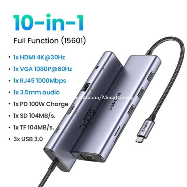UGREEN 15601 10IN1 ADAPTER USB-C / 3XUSB-A 3.0, HDMI, VGA, RJ45, SD/TF, AUX3.5MM, PD