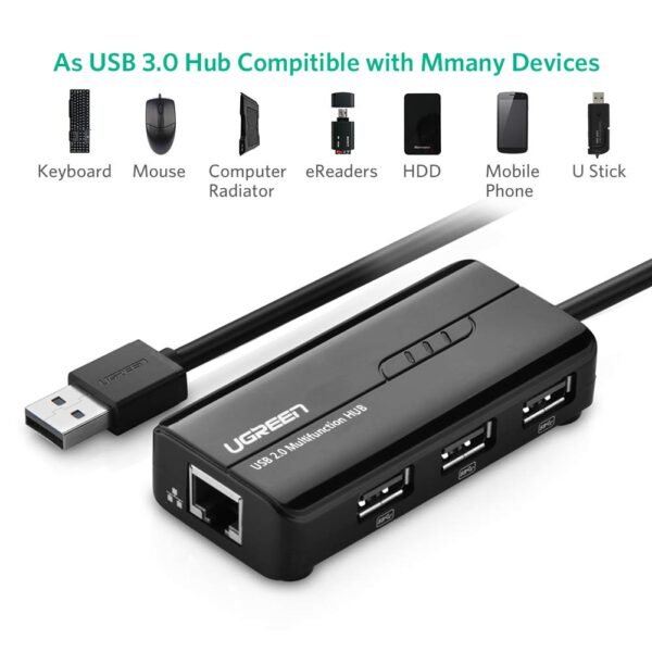 UGREEN 20265 USB 3.0 3 Port Hub Ethernet Adapter