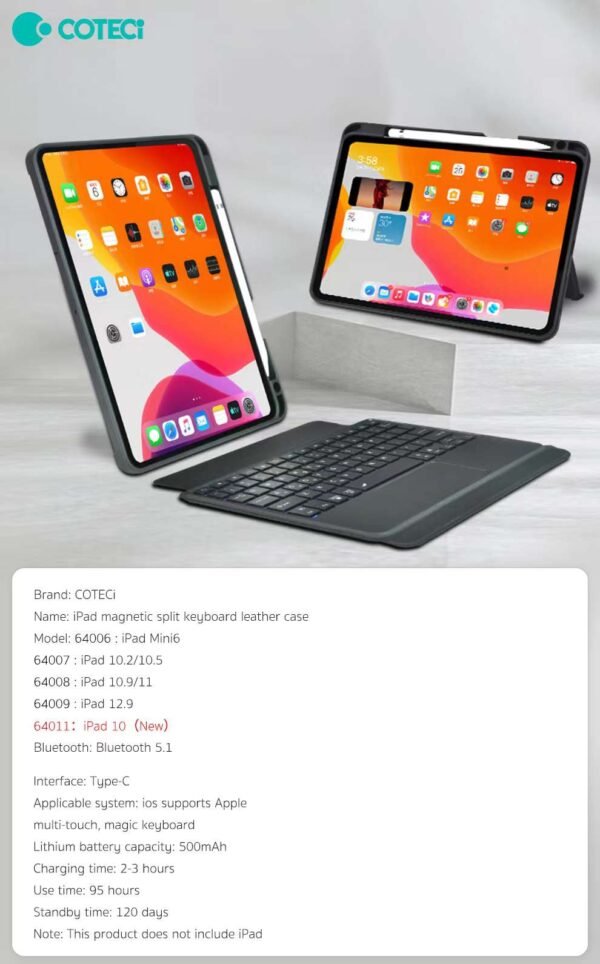 COTECi iPad Bluetooth Magnetic Detachable Keyboard Soft Case with Trackpad 12.9 Inch