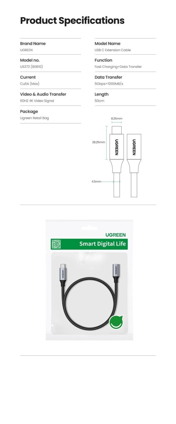 UGREEN 30205 USB C Extension Cable 1M USB 3.1 Type C to Type C Male to Female Gen2 10Gbps