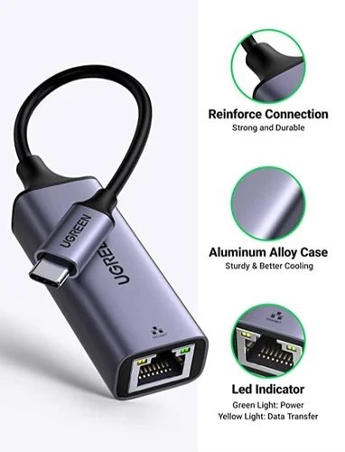 UGREEN 50737 TYPE-C TO GIGABIT ETHERNET ADAPTER ALUMINUM CASE