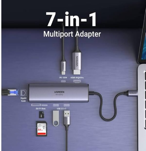 UGREEN 60515 7-IN-1 USB-C TO 2XUSB A, 1X HDMI+RJ45, SD/TF, PD ADAPTER