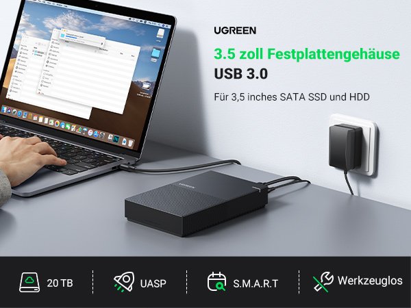 UGREEN 70337 20TB 5Gbps Black 3.5/2.5 SATA Hard Drive Enclosure with Power Supply
