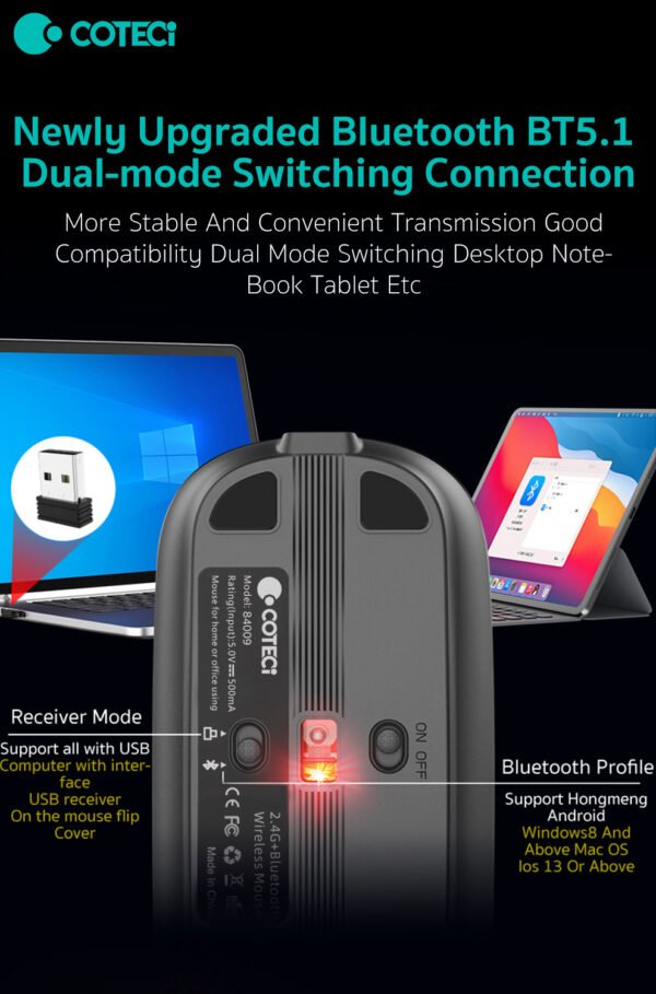 Coteci 84009-TS Dual Mode Bluetooth+Wireless Mouse Silent Ultra Thin