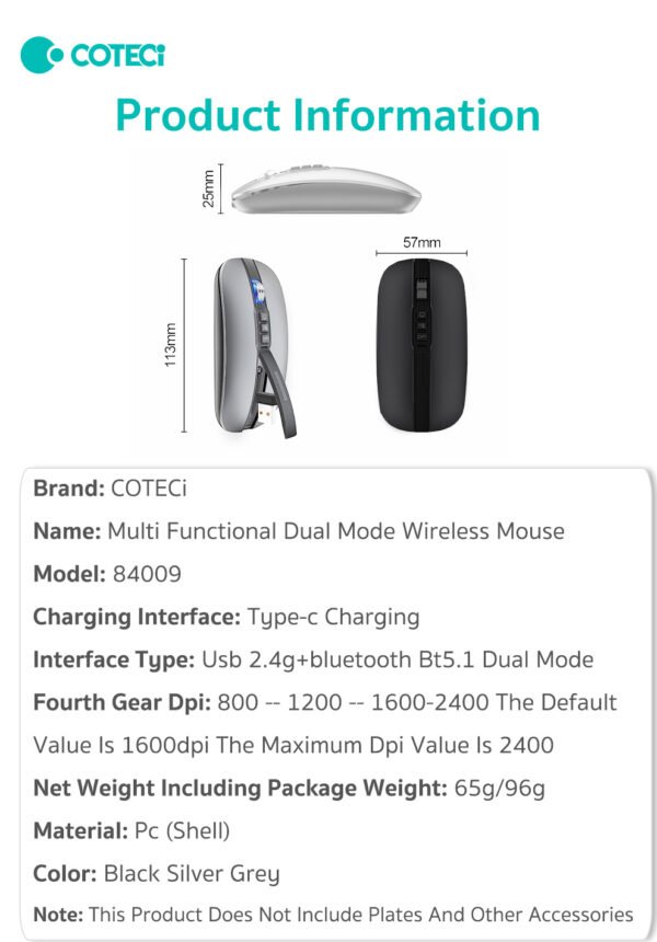 Coteci 84009-TS Dual Mode Bluetooth+Wireless Mouse Silent Ultra Thin