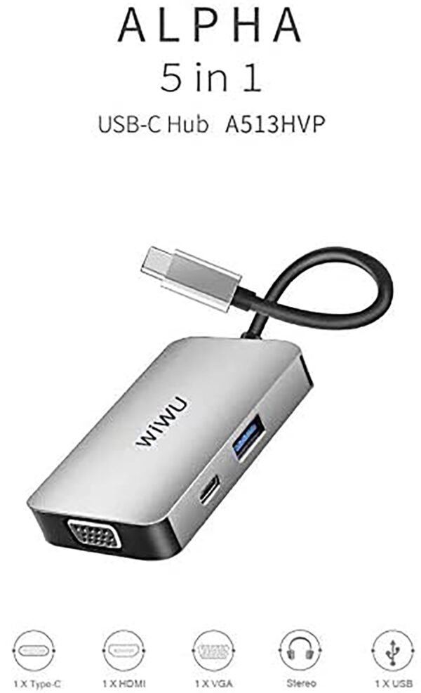 WIWU A513HVP 5in1 USB Hub Multi Ports VGA,HDMI,PD, 3.5mm Audio,USB 3.0