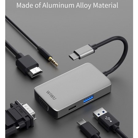 Wiwu Alpha 513HVP 5 in 1 Adapter USB Type-C To VGA, USB3.0, HDMI, 3.5mm Jack, PD Charge