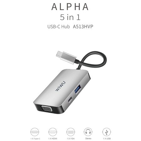 Wiwu Alpha 513HVP 5 in 1 Adapter USB Type-C To VGA, USB3.0, HDMI, 3.5mm Jack, PD Charge