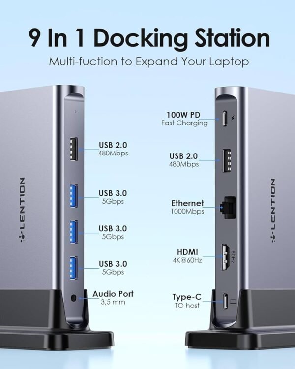 LENTION D53s 9in1 USB C Docking Station with 100W PD, 4K HDMI, Gigabit Ethernet, USB 3.0/2.0, Aux Adapter