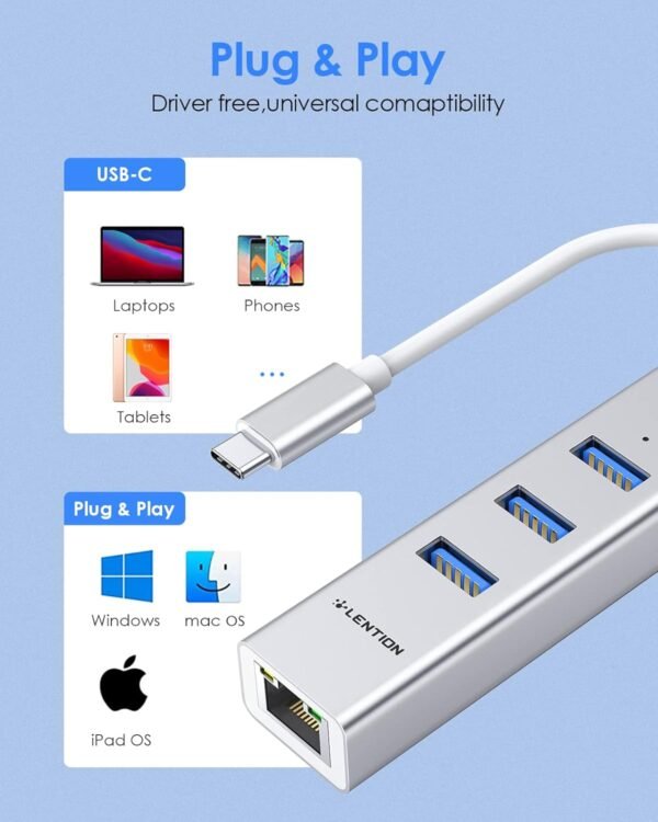 LENTION USB-C to 3-Port USB 3.0 Hub with Gigabit Ethernet