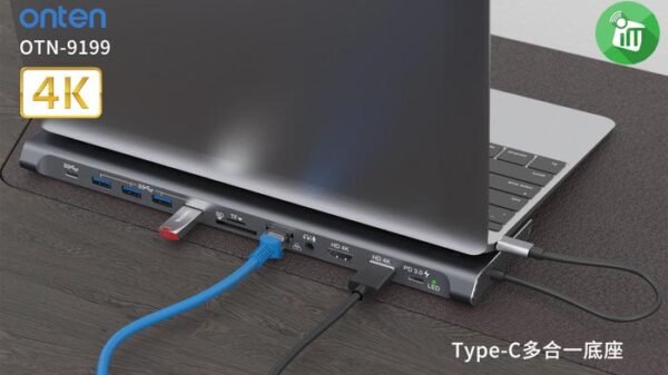 ONTEN 12in1 OTN-9199 USB C to Dual 4K HDMI Adapter, USB C HUB Dual Monitor for Windows 4KHDMI*2,100WPD SD/TF,USB3.0,USB C, Ethernet,Laptop Docking Station