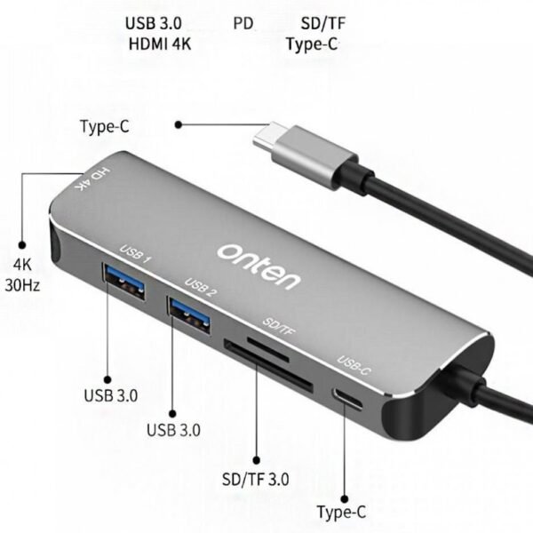 Onten OTN-95116D  6in1 Type-C Multi Function Dock Station ( 2x USB 3.0, SD/TF Card Reader, HDMI, PD Port