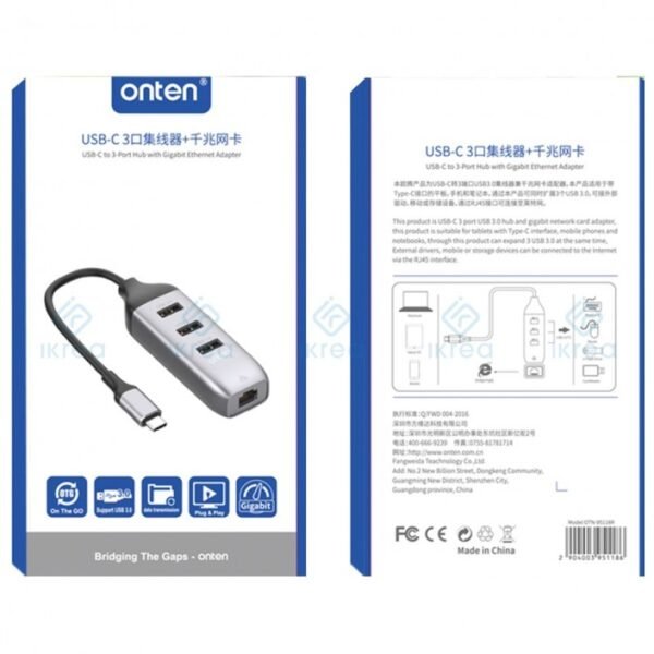 ONTEN OTN-95118R USB-C to Gigabit Ethernet Adapter + 3Port USB3.0 HUB