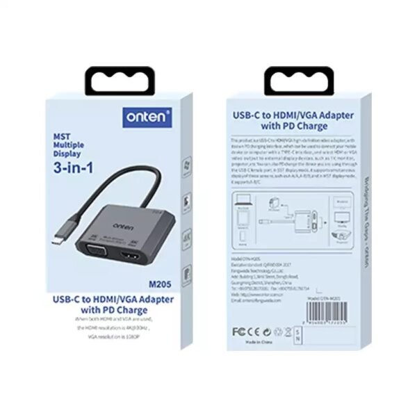 ONTEN OTN-M205 3in1 USB-C to HDMI+VGA+PD Adapter, 1080P VGA and 4K HDMI