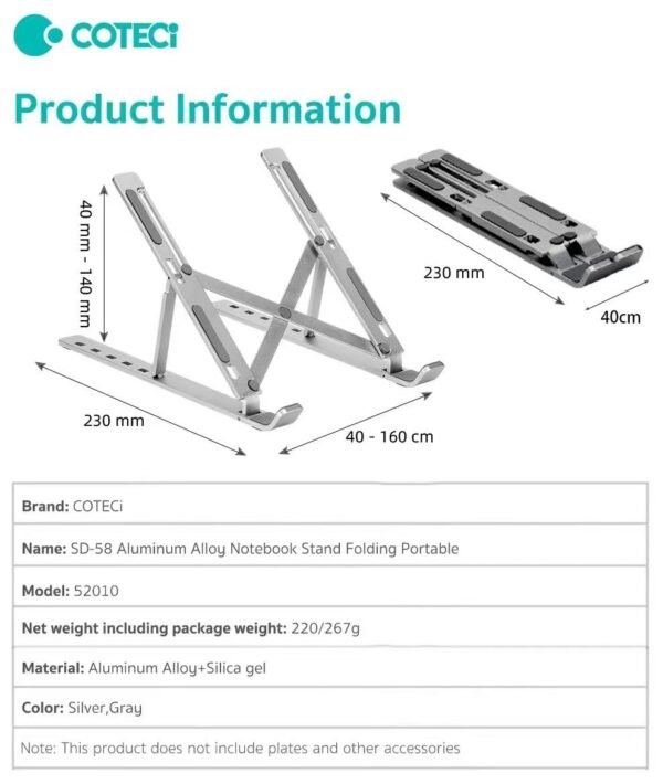Coteci SD58 Aluminum Alloy Universal Portable Foldable Laptop Stand
