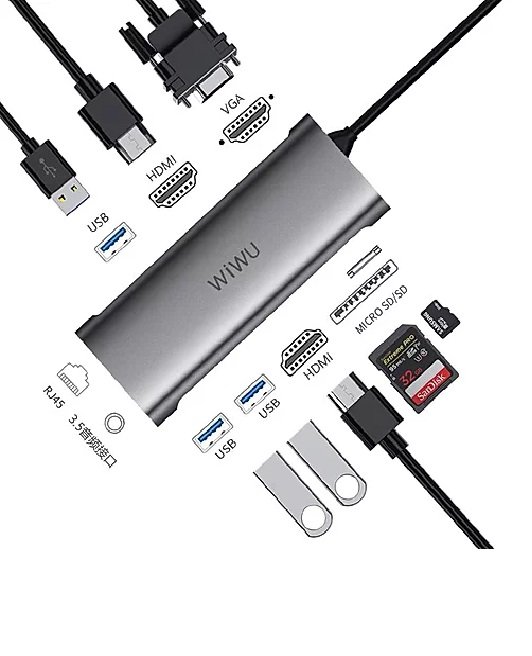 Wiwu Type C to 11 in 1 Lan+Type C+Sd+Tf+Usb 3.0 4+Audio+Hdmi+Vga