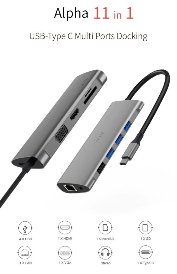Wiwu Type C to 11 in 1 Lan+Type C+Sd+Tf+Usb 3.0 4+Audio+Hdmi+Vga