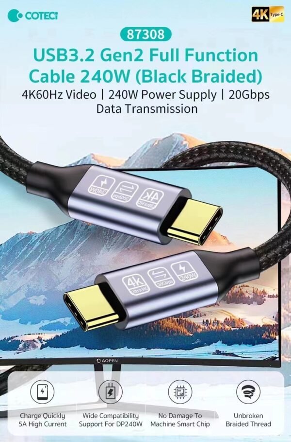 Coteci Usb3.2 Gen2 Full Funcation Cable 240W Braided 2M