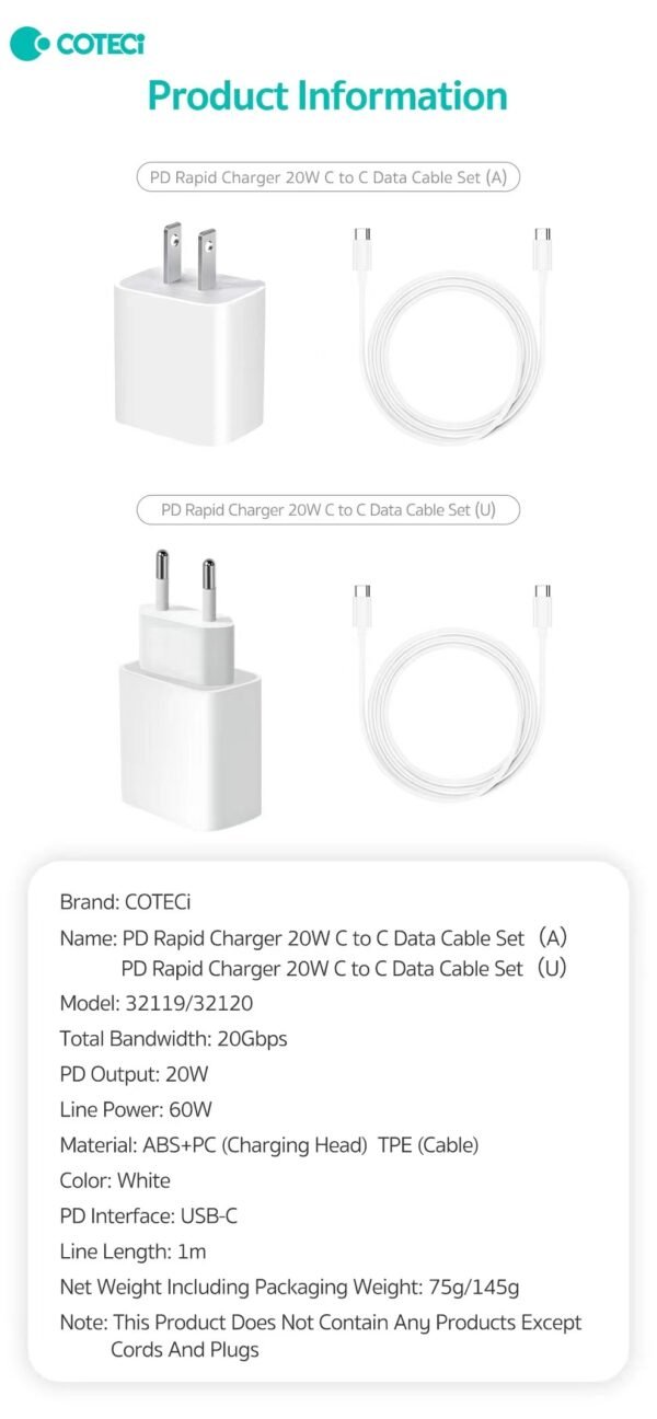 Coteci Pd Power Fast Charging 20W with Cable