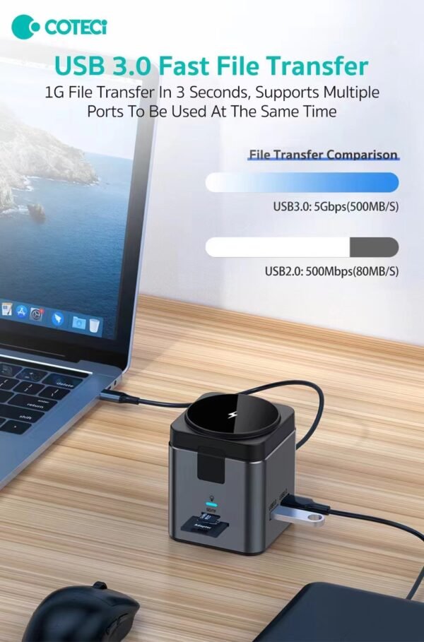 Coteci Usb-C 8in1 USB-C(PD100W), HDMI, 3xUSB3.0, RJ45(Ethernet), SD/TF Card
