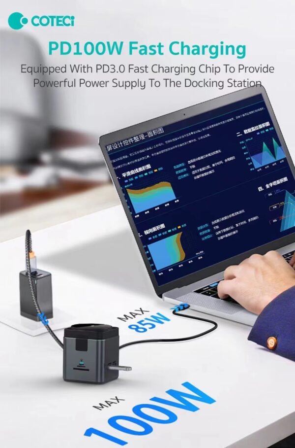 Coteci Usb-C 8in1 USB-C(PD100W), HDMI, 3xUSB3.0, RJ45(Ethernet), SD/TF Card