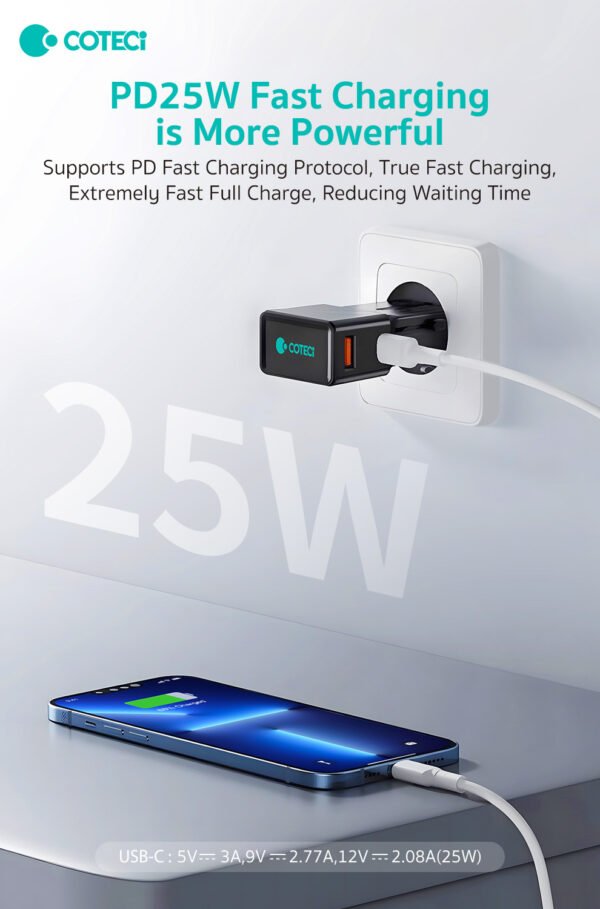 Coteci 2in1 Mini Travel Charger 25W Type C + Usb A Adapter