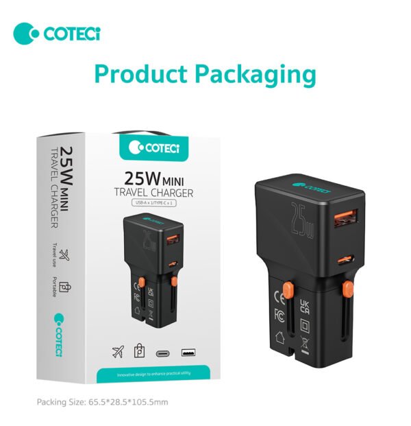 Coteci 2in1 Mini Travel Charger 25W Type C + Usb A Adapter