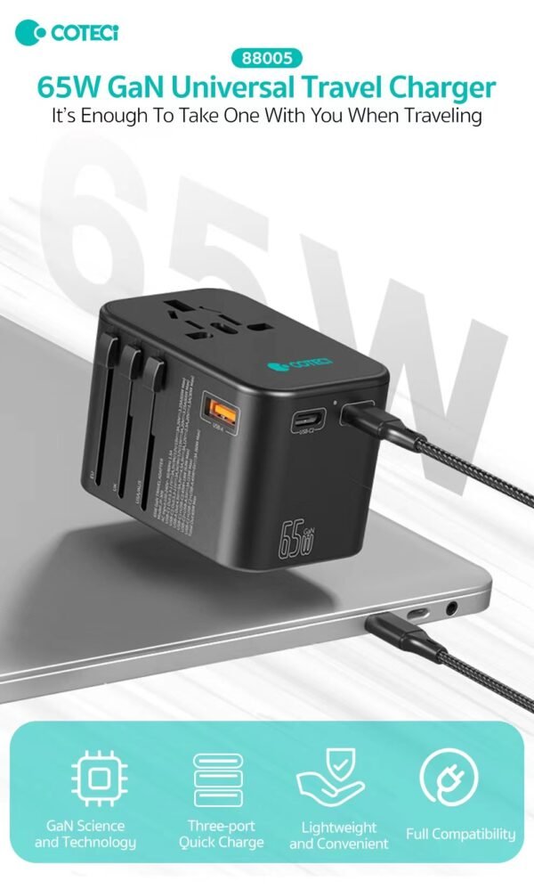Coteci 65W Gan Universal Travel Charger Adapter Dual Type-C + USB-A