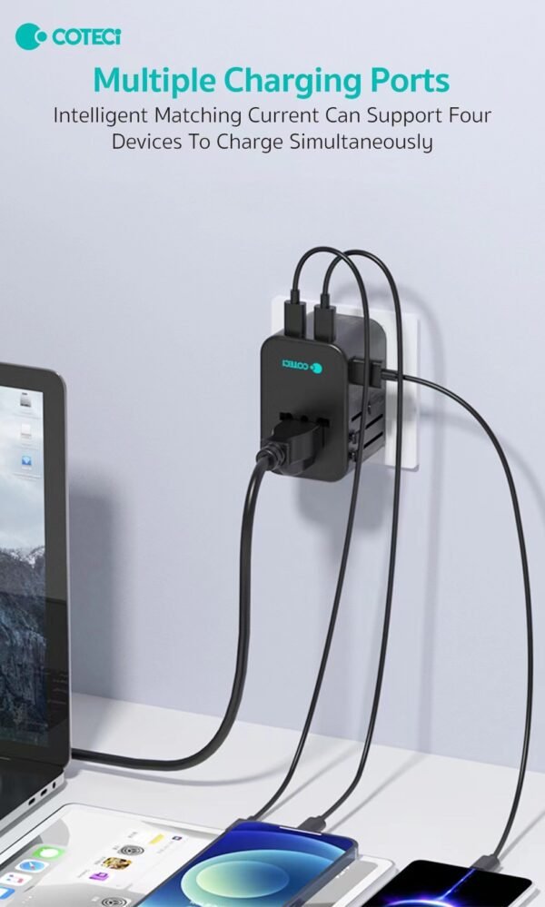 Coteci 65W Gan Universal Travel Charger Adapter Dual Type-C + USB-A