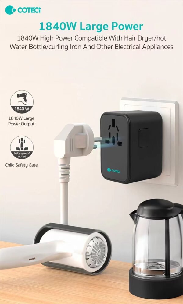 Coteci 65W Gan Universal Travel Charger Adapter Dual Type-C + USB-A