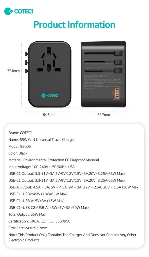 Coteci 65W Gan Universal Travel Charger Adapter Dual Type-C + USB-A