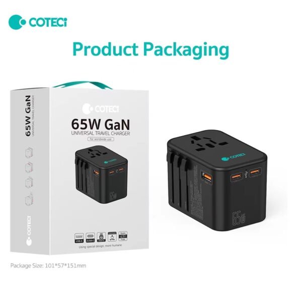 Coteci 65W Gan Universal Travel Charger Adapter Dual Type-C + USB-A