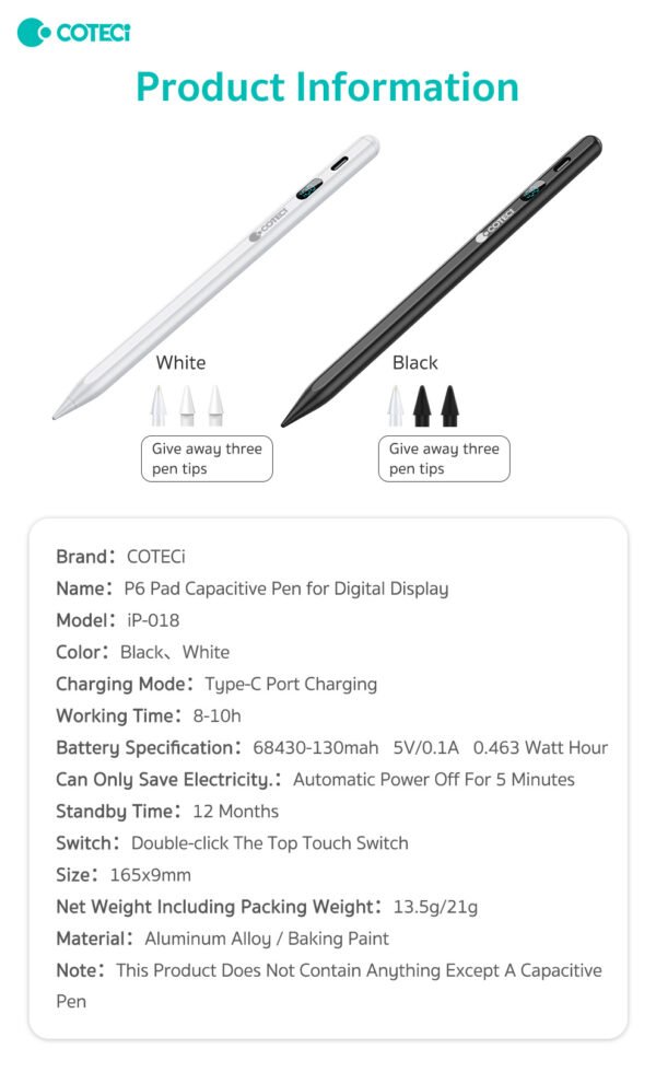COTECi P6 stylus for iPad, Apple pencil Magnetic