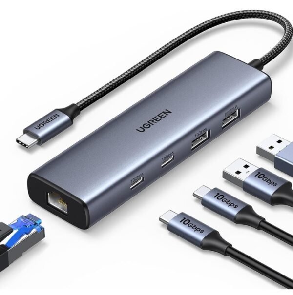 Ugreen 45320 USB-C to Ethernet Adapter, 10Gbps Data Ports 6 in 1 USB C Hub Ethernet with 2* USB-C 3.2, USB-A 3.2/2.0, Gigabit RJ45