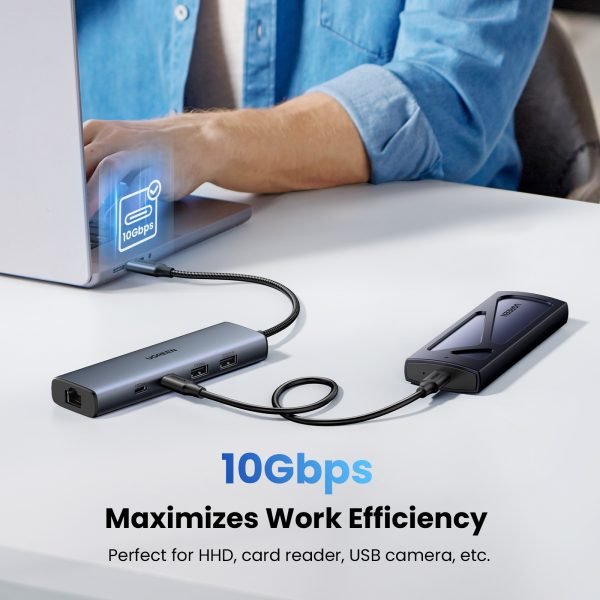 Ugreen 45320 USB-C to Ethernet Adapter, 10Gbps Data Ports 5 in 1 USB C Hub Ethernet with 2* USB-C 3.2, USB-A 3.2/2.0, Gigabit RJ45