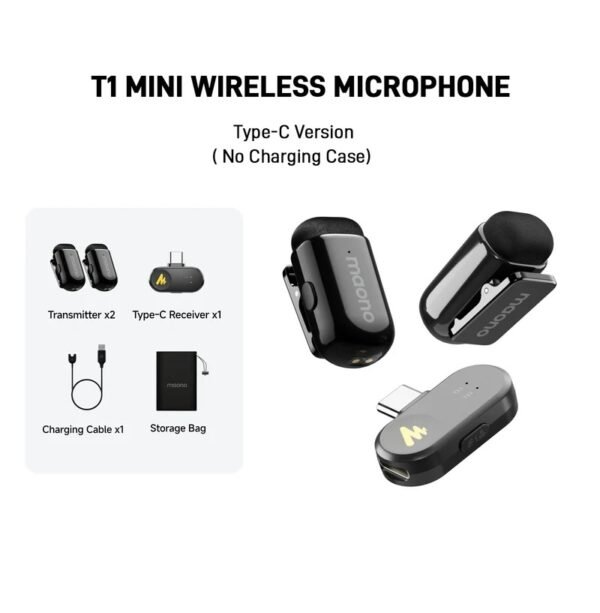 MAONO Wave T1 Mini Wireless Lavalier Microphone, USB-C Plug, AI Noise Cancellation