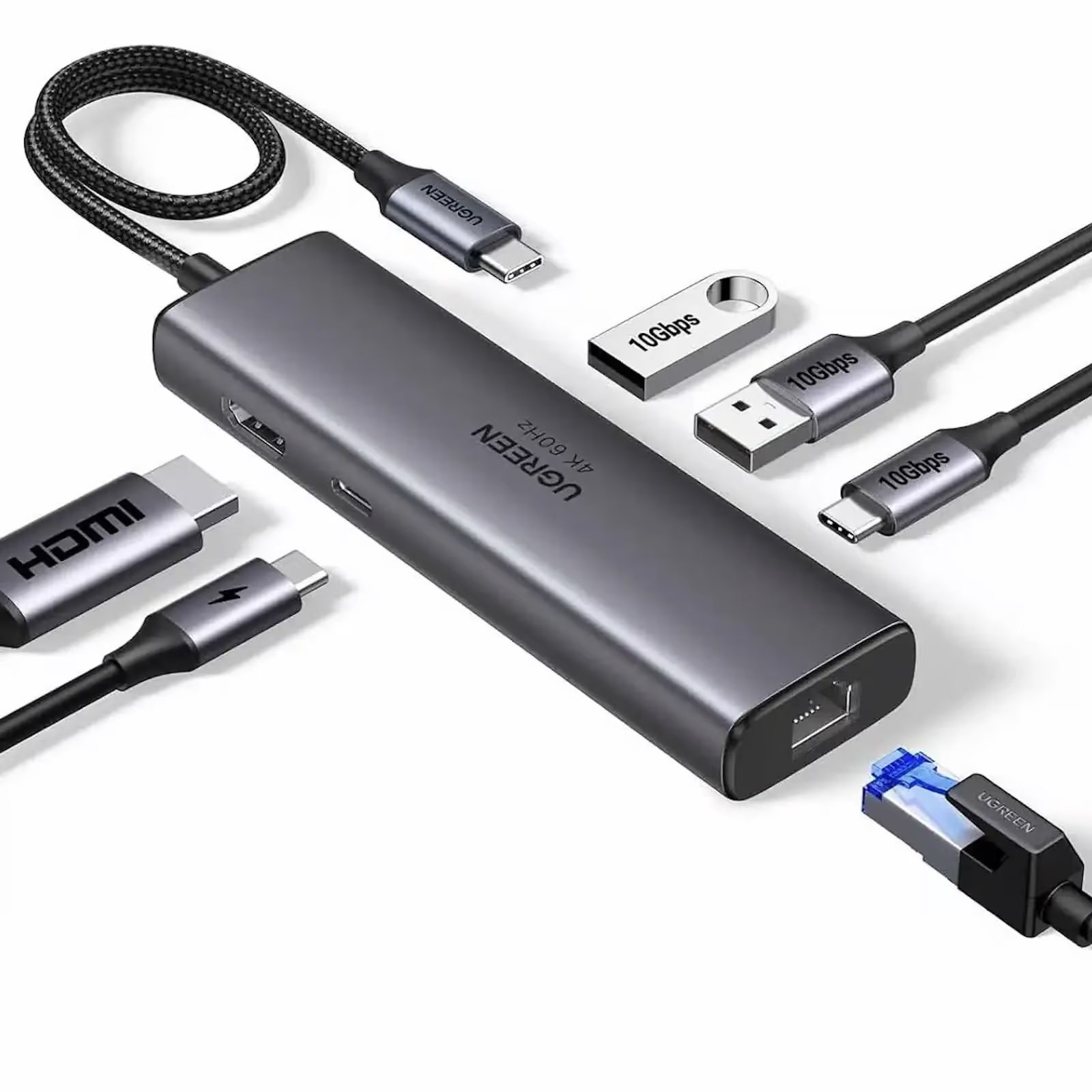 Ugreen 45000 (6in1) USB C To 2*USB3.0, 1*Usb C, 1*HDMI 60Hz, 1*Giga Lan, 1*PD