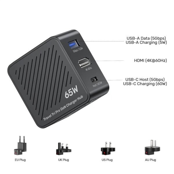 UNITEK GaN Charger Hub Travel Tri Pro 65W 3-in-1  P1242ABK01