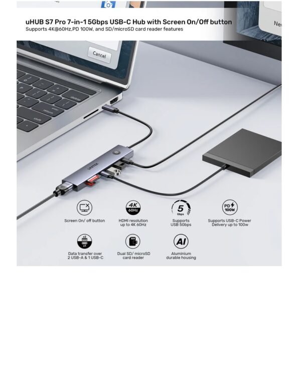 UNITEK Usb-C Hub S7 PRO 7-IN-1 With Screen ON/OFF BUTTON H1124AGY01