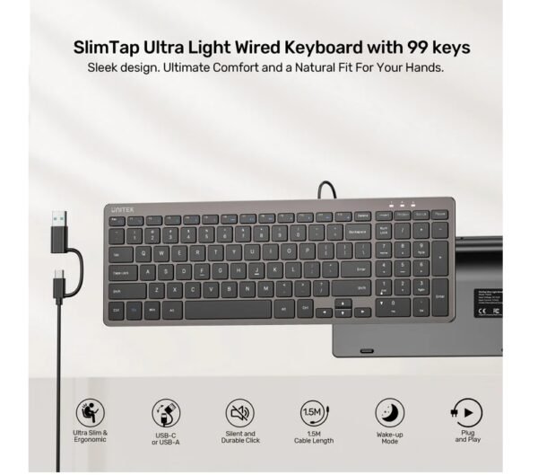 UNITEK SlimTap Ultra Light Wired Keyboard with 99 keys T053AGY01-US