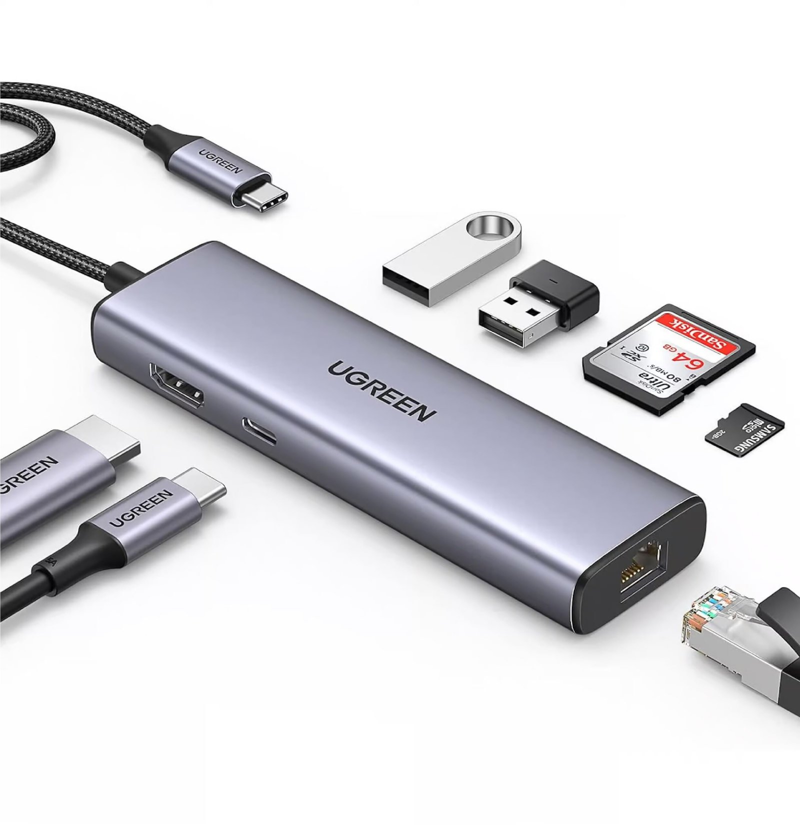 UGREEN 90568 7-in-1 USB C Hub 4K HDMI Multiport Adapter with 1Gbps Ethernet, 100W PD, 2 USB 3.0, SD/TF Card Reader