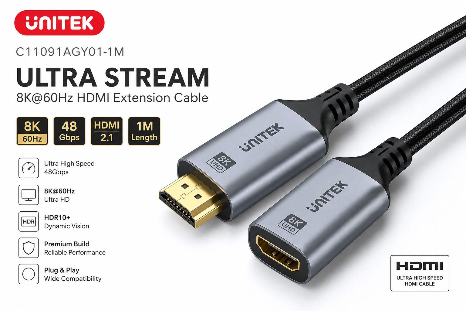 UNITEK C11091AGY01-1M ULTRA STREAM 8K@60HZ HDMI EXTENSION CABLE 1M