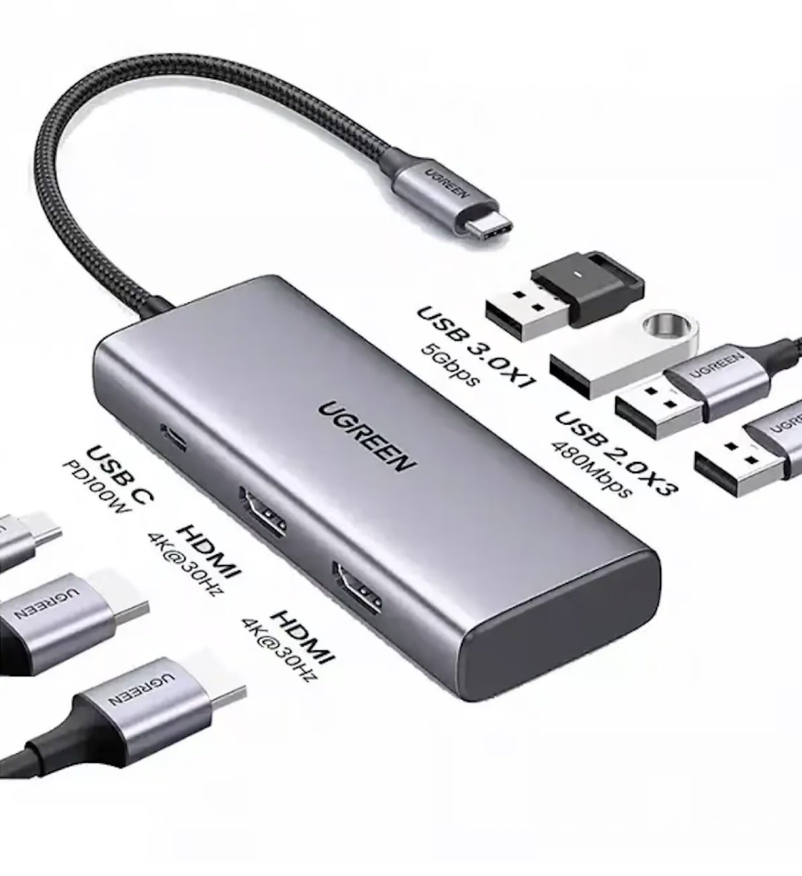 UGREEN 35897 7-IN-1 USB-C TO 2XHDMI, 4XUSB-A, USB-C PD100W ADAPTER 4K@30HZ