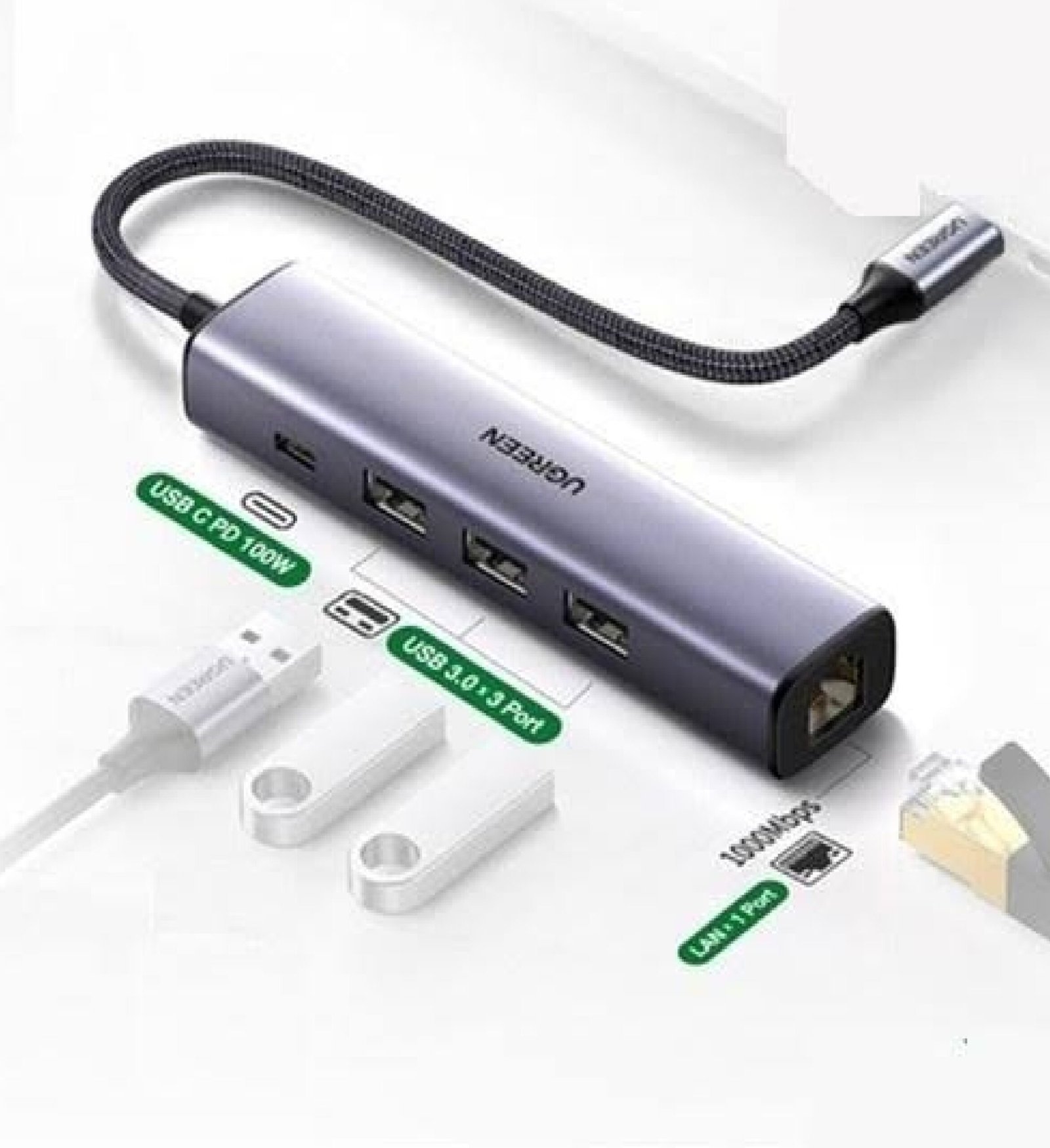 UGREEN 20932 USB-C TO GIGABIT ETHERNET ADAPTER 3XUSB 3.0 PORTS PD