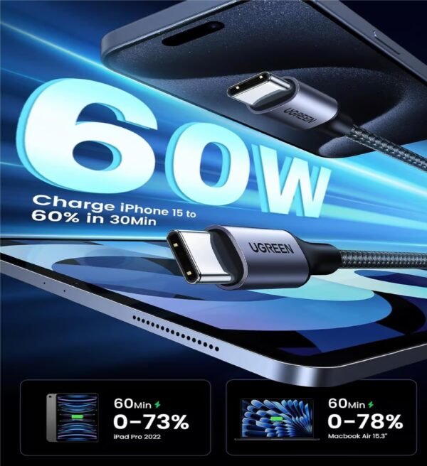 UGREEN 50152 USB-C TO USB-C 2.0 PD FAST CHARGING CABLE 60W 2M BRAIDED